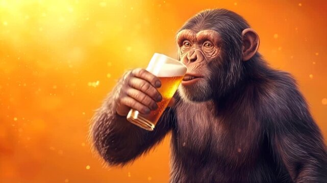 Chimpanzee holding glass of beer and drinking against glowing orange background. Panning and tilting camera movement.