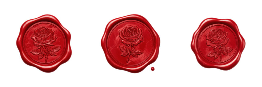 Set of red wax seal stamps with rose flower embossed pattern isolated on transparent background vintage classic style transparent background png