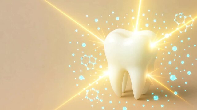 Glowing white tooth model surrounded by light beams and blue molecular structures, dental health, medical hygiene, stomatology concept.