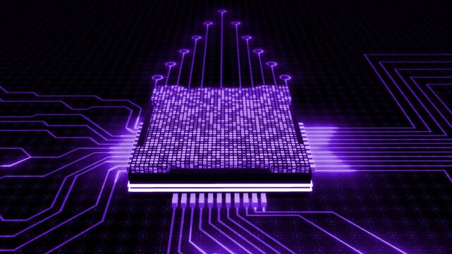Purple color glowing circuit board microchip with binary code futuristic matrix data network hi tech design black technology background