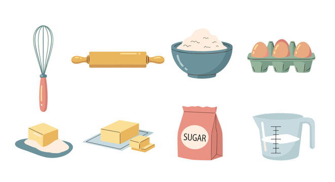 Baking ingredients and tools are essential items for preparing delicious homemade treats, including flour, sugar, eggs, butter, a whisk, and a rolling pin.