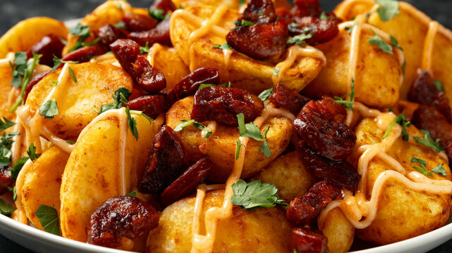 Patatas bravas with chorizo and sauce. Spanish traditional food