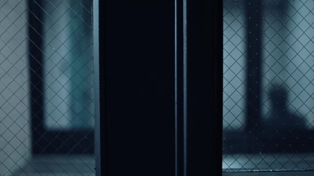 Female inmates' silhouettes moving behind a reinforced glass window inside a penitentiary