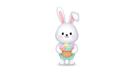 Obraz premium Animated Easter Bunny Holding Colorful Egg Basket with Multicolored Eggs, Vibrant Illustration for Spring Celebration