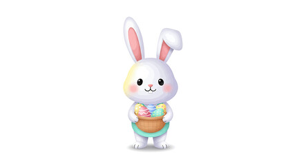 Obraz premium Cheerful cartoon rabbit holding colorful Easter eggs basket in festive spring celebration illustration