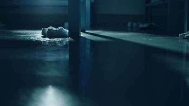 Mysterious drops of water falling on the dark, reflective floor of a female prison dormitory