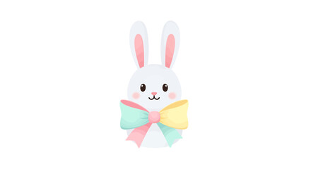 Obraz premium Adorable Delightful Cheerful Charming White Easter Bunny Cartoon with Long Pink Ears and Colorful Bow Illustration for Icon Design