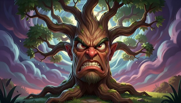 Angry enchanted tree with face in fantasy forest