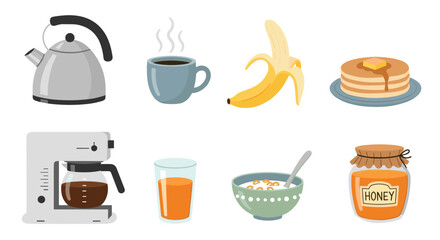 Fototapeta premium Breakfast items collection of delicious morning food and drinks, including coffee, pancakes, cereal, and fruit, perfect for a healthy start to the day.