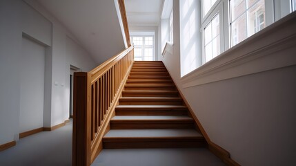Modern wooden staircase with carpeted steps bathed in natural light