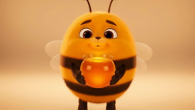 Adorable cartoon bee character holding a pot of honey on a creamy background for animation or childrens content
