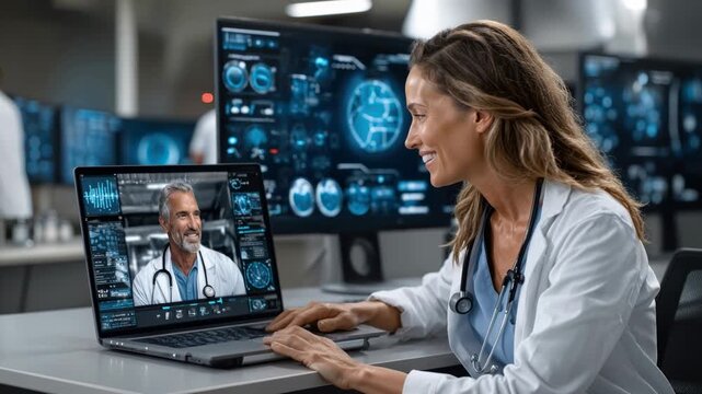 Female doctor on a video call with a male colleague in a high-tech medical office. Healthcare professional using a laptop for telemedicine consultation. Future medicine concept