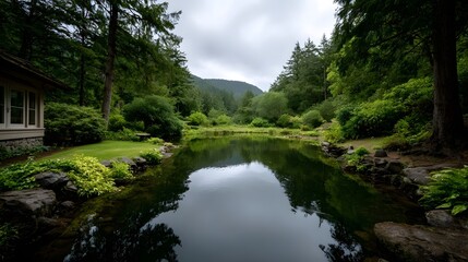 Obraz premium A serene natural landscape with a tranquil pond reflecting lush green trees and a cloudy sky