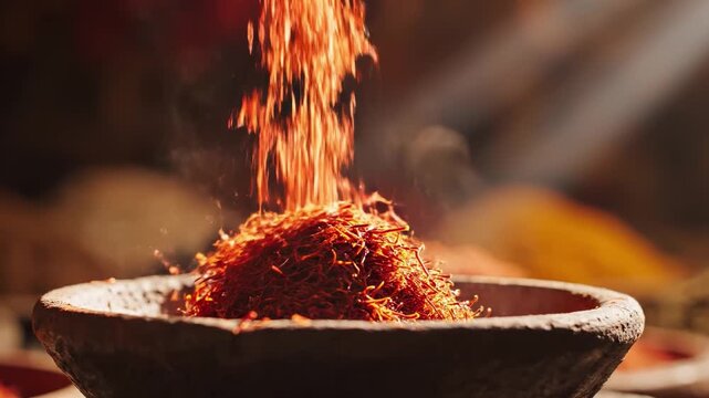 Vibrant saffron threads falling into a rustic ceramic bowl in warm light for a luxury spice concept and gourmet culinary ingredient