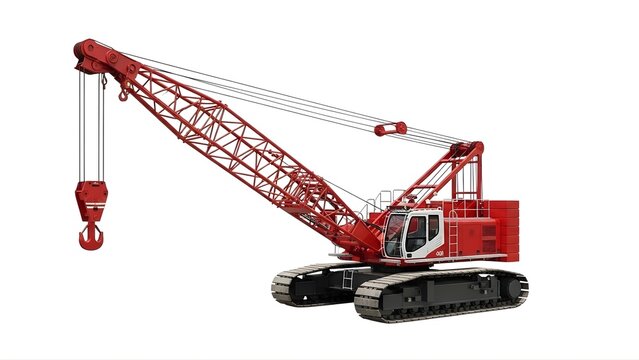 A large red crane with a hook on transparent background