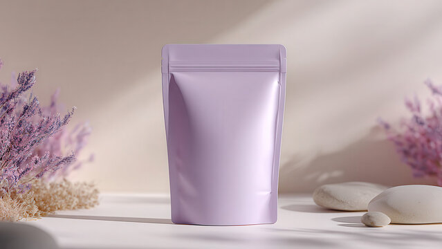 A light purple stand-up pouch, perfect for product branding, displayed in a serene setting with natural elements.
