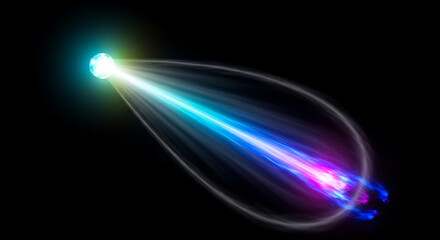 Obraz premium Glowing orb emitting vibrant blue purple light beam in dark environment motion abstract energy effect