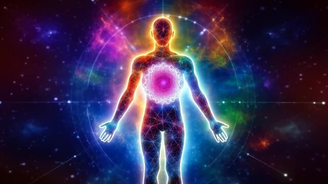 Silhouette of person with chakras and light of astral space energy, man practices yoga and meditation, esoteric concept