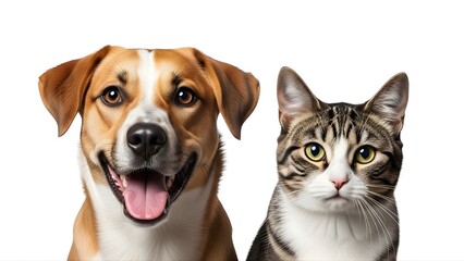 Obraz premium A happy dog and a curious cat sitting together on transparent background