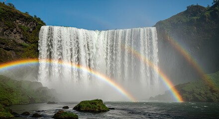 Fototapeta premium A cinematic photo of a majestic waterfall with rainbows in a lush, green valley surrounded by mountains