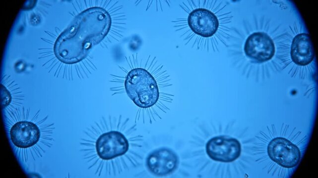 Microscopic view of blue algae cells with distinct morphology.