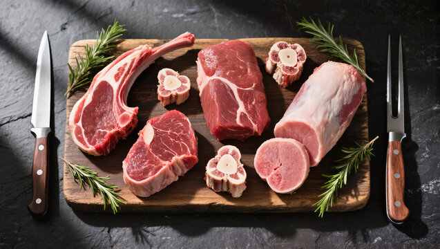 Primal carnivore feast flatlay with raw beef cuts, lamb chops and marrow bones on dark slate with butcher knife and rosemary