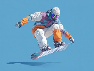 snowboarder action pose isolated on a light blue background