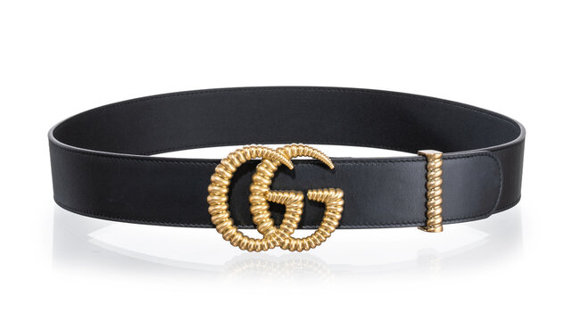 Gucci belt, GG Marmont model, in leather and brass buckle, photographed on a white background. Milan, Italy, October 3_2025