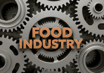 Food Industry Concept with 3D Gold Letters on Gear Mechanism Background