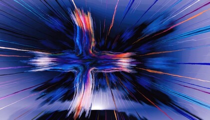 Dynamic abstract blue and purple light trails with orange accents creating a cross-like shape, representing speed, data, and digital connection for modern technology backgrounds.