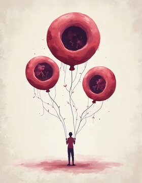 Person holds red blood cell balloons. Cells float, carry fragile figures, symbolize disease awareness and fragile life. Hope, support, medical illustration.