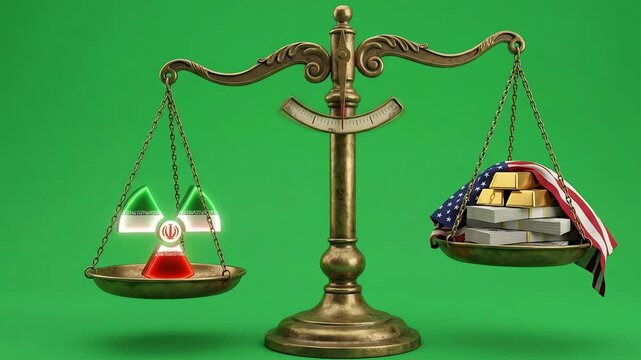 Conceptual balance scale weighing nuclear development implications against global financial assets and economic influence