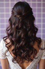 Obraz premium Brunette woman wears white lace dress. Elegant twisted half updo with loose curls. Formal event hair styling perfection. Looks beautiful and ready.