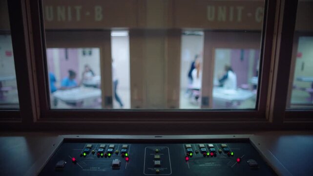 Surveillance footage from a corrections officer's point of view watching female prisoners in a dayroom
