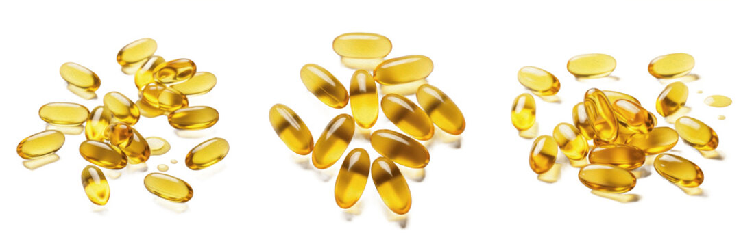 set of fish oil capsules omega 3 vitamin d yellow softgel supplement healthy transparent background png