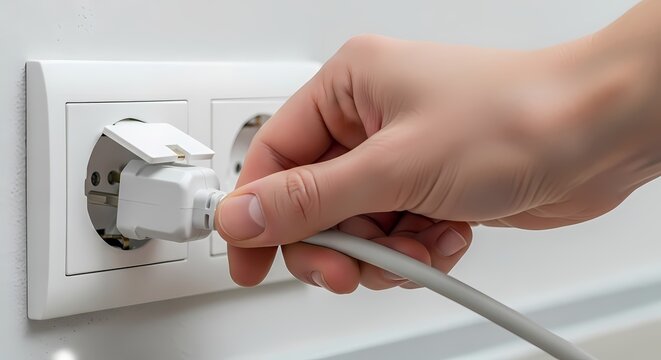 Power Connection: A hand plugs a power cord into an electrical outlet. Symbolizing connection, energy, and the modern world.