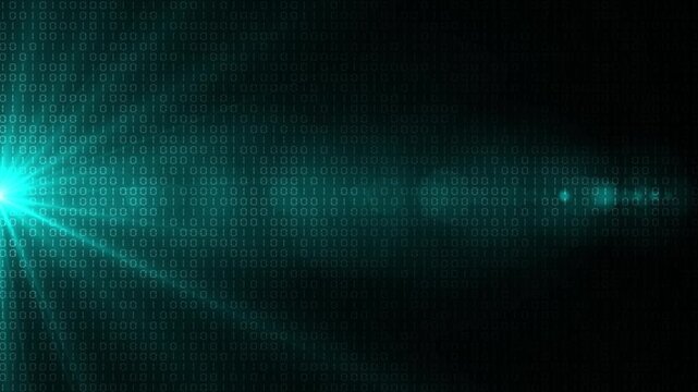 Cyan color random numbers binary code with optical flair rays hi tech design loopable black technology background