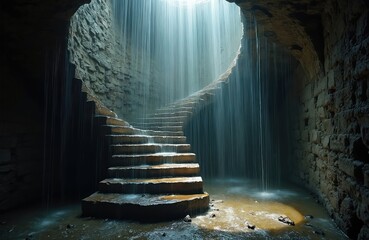 Fototapeta premium Stone spiral staircase descends into dark water. Light streams from above, illuminating falling rain on ancient stpic. Wet stone walls surround a mysterious passage.