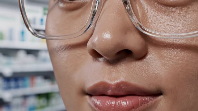 Close-up of a smiling young woman wearing clear glasses at a store with shelves in background