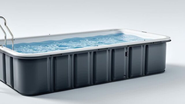 Rectangular above-ground swimming pool filled with clear water, featuring a metallic ladder and smooth surface, positioned on a light gray background