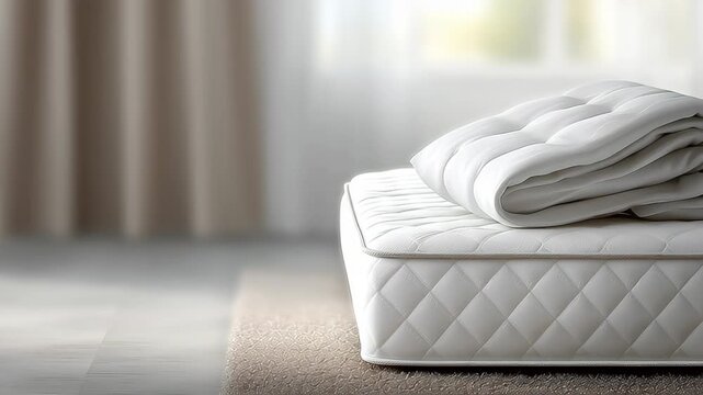 White mattress with a neatly folded blanket on top, positioned in a well-lit room featuring soft curtains and a cozy carpet, creating a serene atmosphere for relaxation