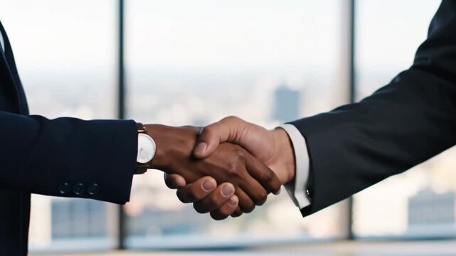 Business handshake in a modern office setting with a cityscape view.