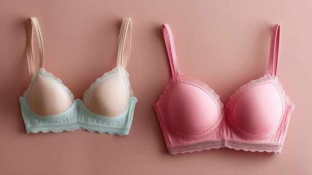 Two stylish bras in pastel colors, one blue and one pink, displayed side by side on a soft beige background, showcasing intricate lace detailing and smooth fabric texture