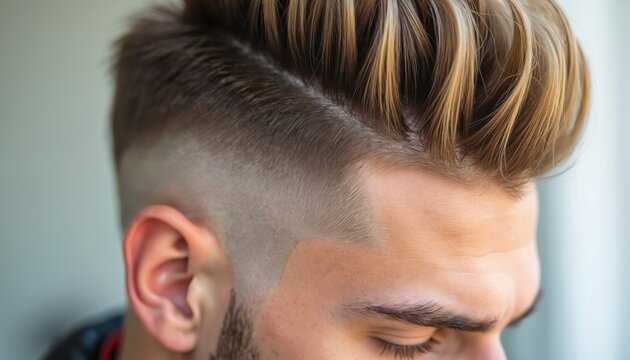 Man gets trendy high fade haircut at barber shop. Close up shows textured short brown hair styled with side part. Clean grooming, sharp coiffure detail.