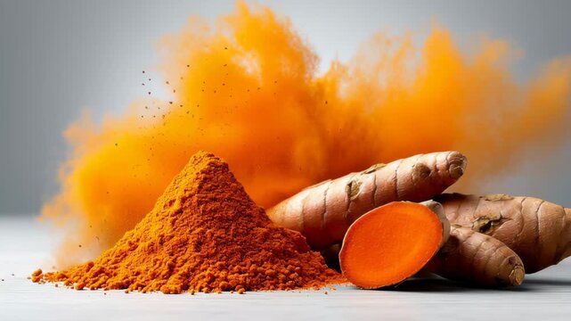 Fresh turmeric root sliced open reveals vibrant orange flesh, with a mound of bright orange turmeric powder and a cloud of spice dust in a clean, minimalistic setting