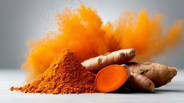 Fresh turmeric root sliced open reveals vibrant orange flesh, surrounded by a mound of turmeric powder and a cloud of orange spice dust in a clean, bright setting