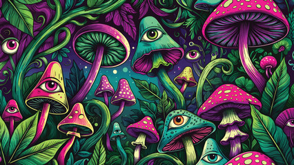 Vibrant psychedelic illustration of mushrooms and eyes amidst lush foliage from a surreal overhead viewpoint