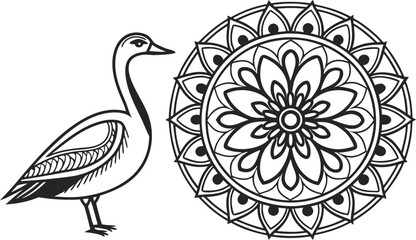 Black and white goose standing beside ornamental arabesque mandala © CDMIZAN