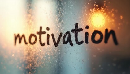 Fototapeta premium Word motivation written on foggy glass window with sun flare and water drops. Morning light, gentle bokeh, peaceful atmosphere. Clear mind, positive thoughts, new day.
