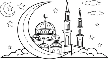 Crescent moon with mosque skyline and stars coloring page clouds © SnappyDesigns